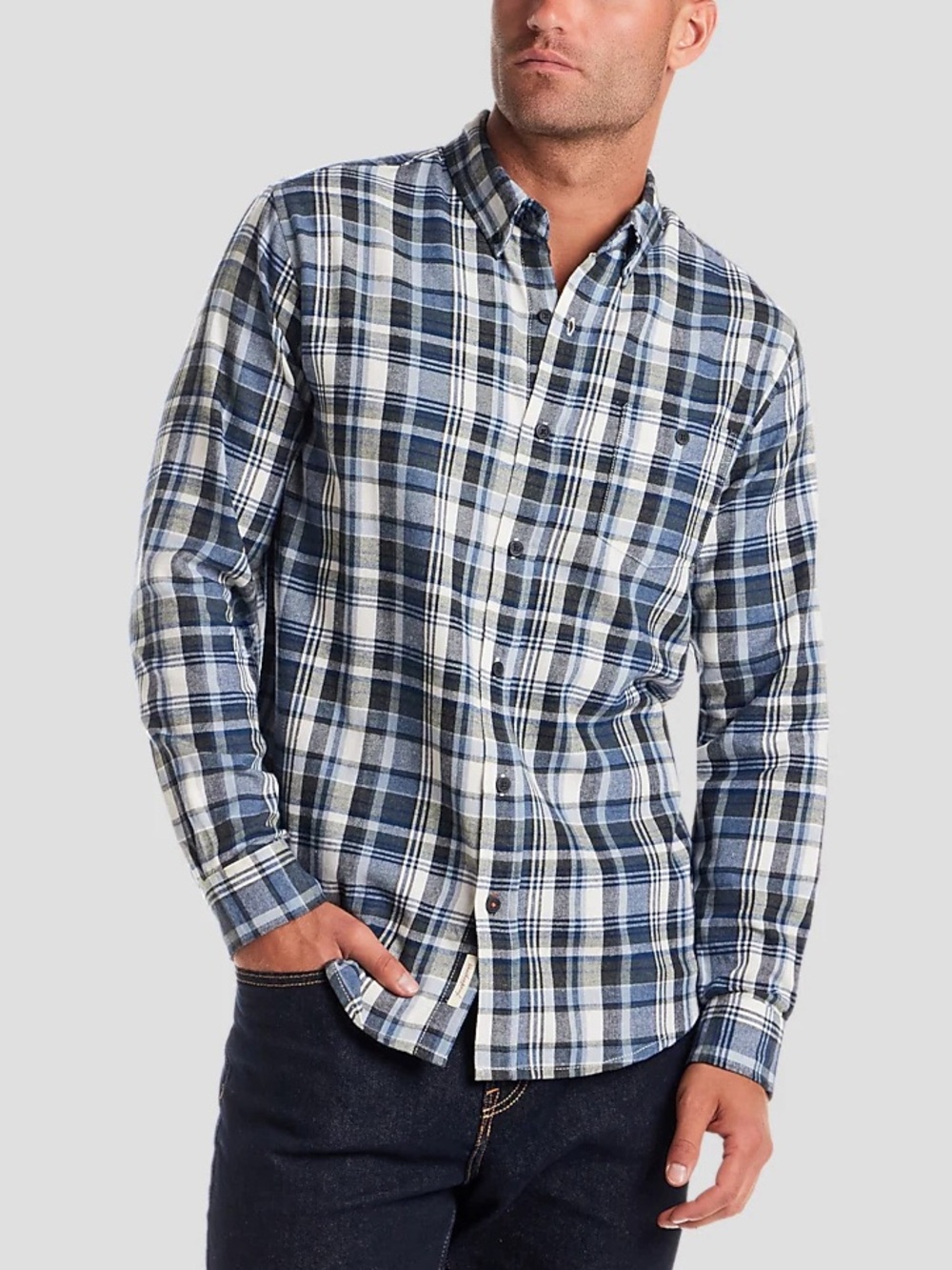 Express Men's White and Blue Plaid Button-Down Shirt